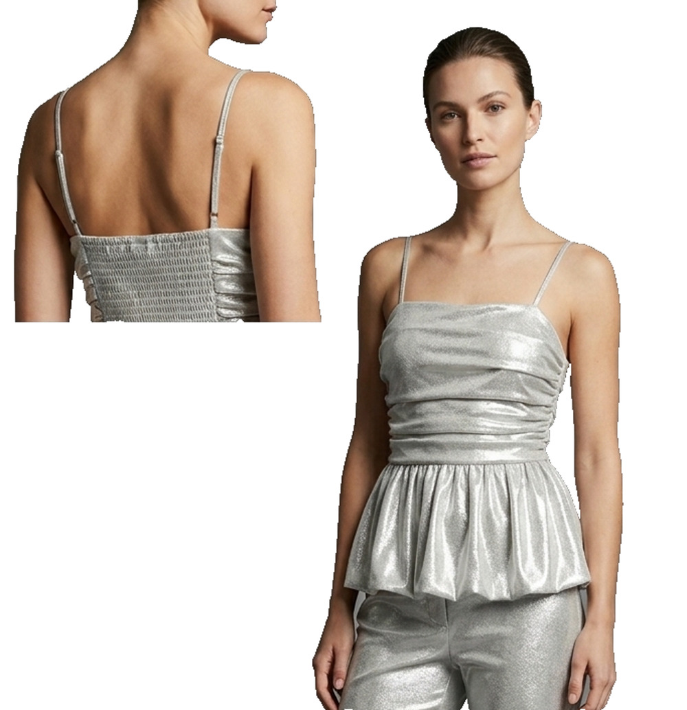 A New Day Silver Metallic Peplum Cami Top Small Smocked Shimmer Party Tank NWT